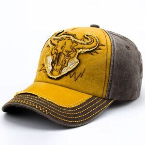 Distressed Baseball Cap with Bull Skull Embroidery, Yellow. Brown Adjustable Fit